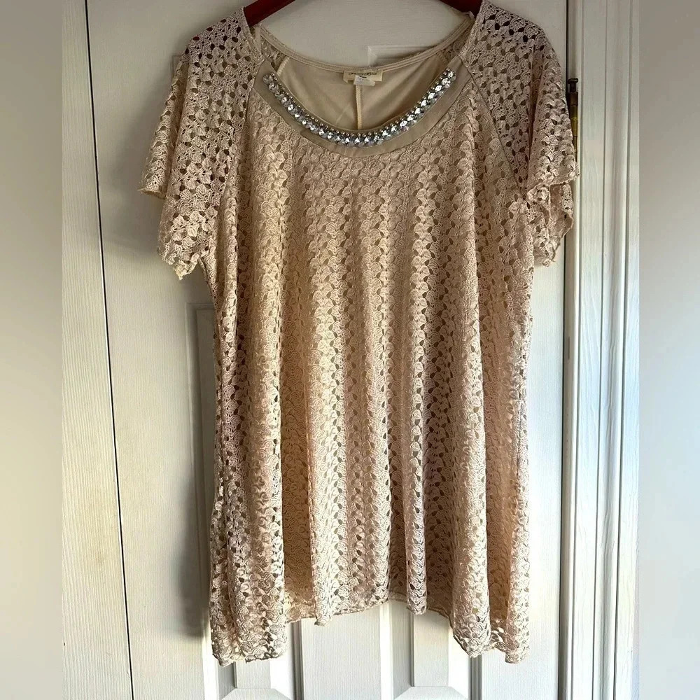 BRITTANY BLACK Lace Tunic top with beaded neckline Size 2XL